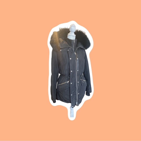 $1000 Mackage Katryn black down jacket with fur hood and leather trim size large - Picture 3 of 11